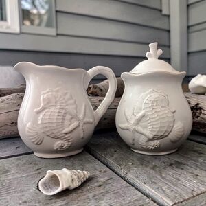 Blue Sky Sugar Bowl Creamer Seahorses All White Embossed Beach House Coastal